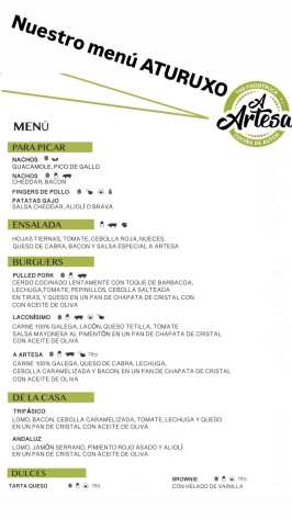 Todos os venres a partir das 20.00h podedes degustar este menú da man de A Artesa. 